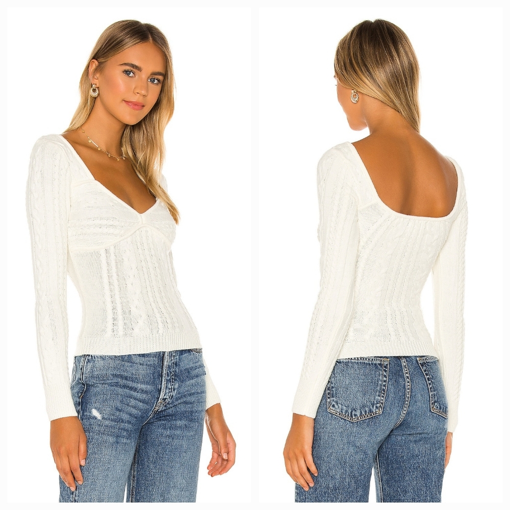MAJORELLE White Cable Knit V-Neck Sweater
